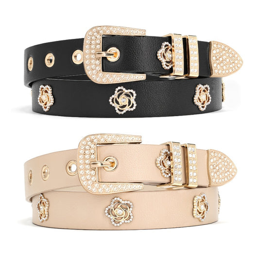 Women's Belt - Studded for 2 Pack - Rhinestone Floral Rivet Punk Y2K Skinny for Jeans - main product view