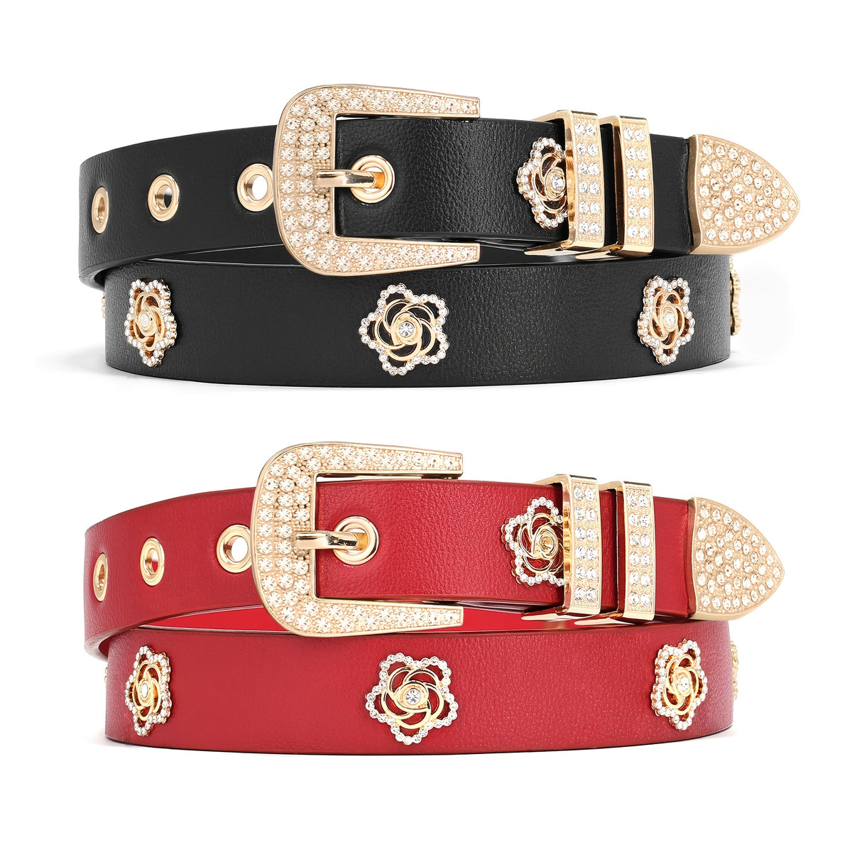 Women's Belt - Studded for 2 Pack - Rhinestone Floral Rivet Punk Y2K Skinny for Jeans - product detail view 11