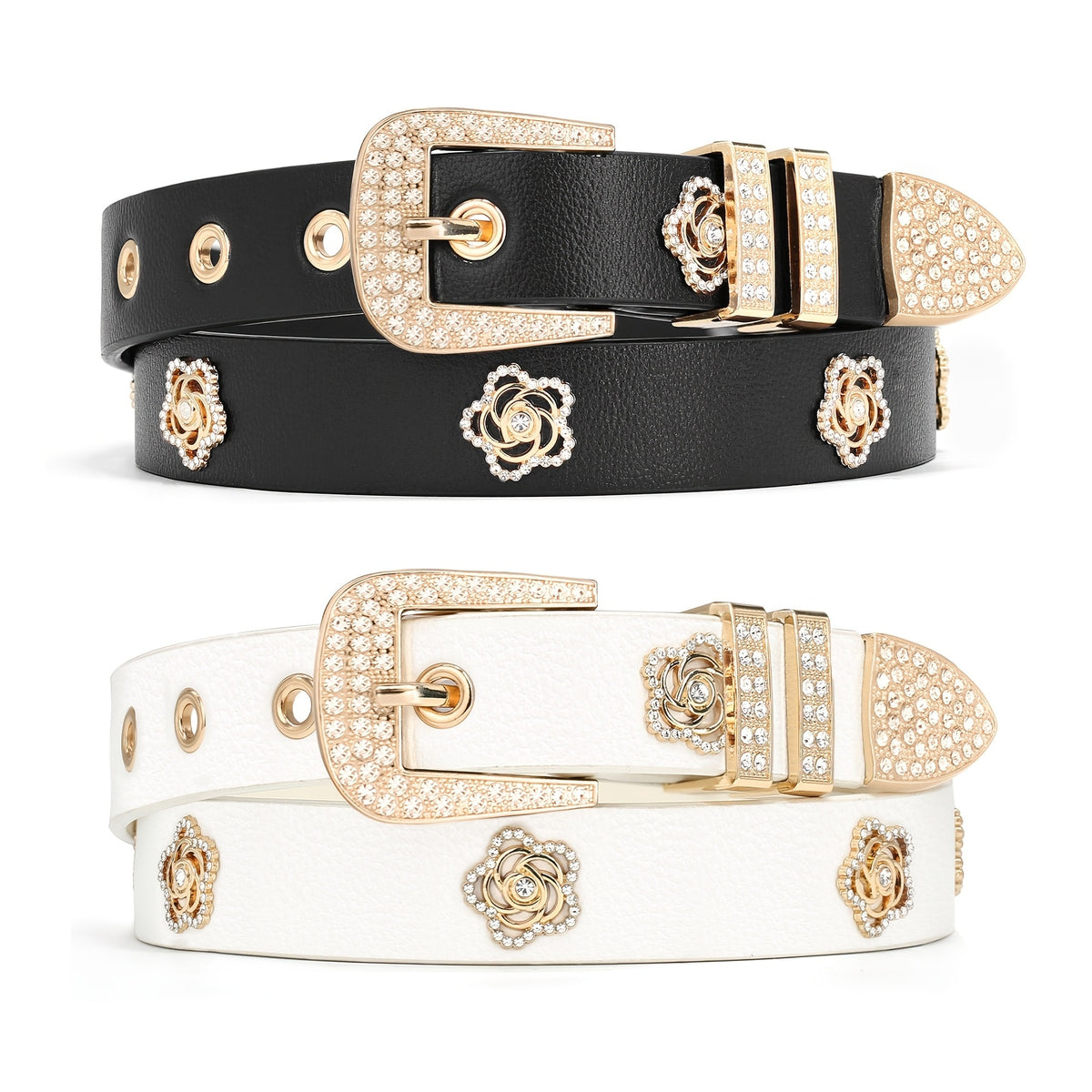 Women's Belt - Studded for 2 Pack - Rhinestone Floral Rivet Punk Y2K Skinny for Jeans - product detail view 13