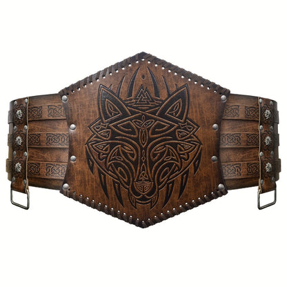 Men's Belt - Viking for Wide PU Leather, Scandinavian Dragon & Wolf Alloy Buckle - product detail view 5