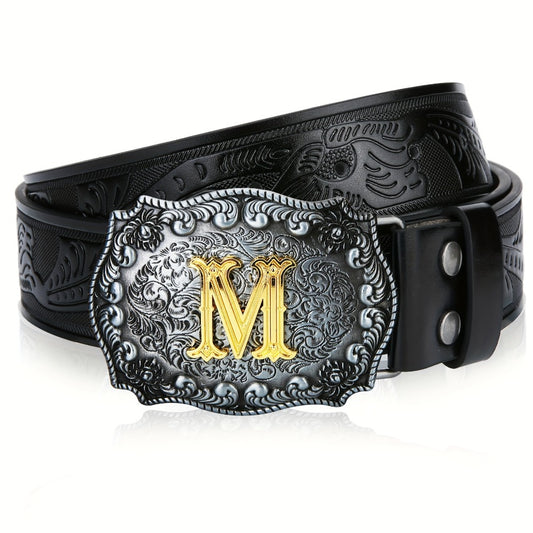 Men's Belt - Western for Embossed Floral Cowboy Longhorn Bull Pattern Big Letter Buckle - main product view