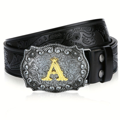 Men's Belt - Western for Embossed Floral Cowboy Longhorn Bull Pattern Big Letter Buckle - product detail view 3
