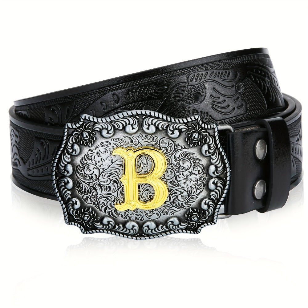 Men's Belt - Western for Embossed Floral Cowboy Longhorn Bull Pattern Big Letter Buckle - product detail view 7