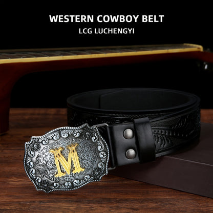 Men's Belt - Western for Embossed Floral Cowboy Longhorn Bull Pattern Big Letter Buckle - product detail view 12