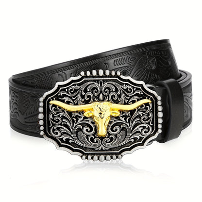 Men's Belt - Western for Embossed Floral Cowboy Longhorn Bull Pattern Big Letter Buckle - product detail view 22