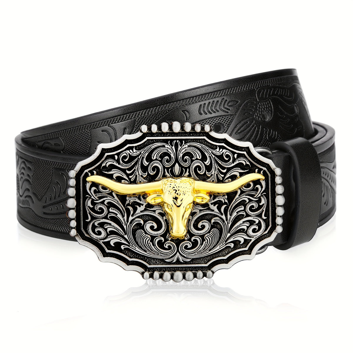 Men's Belt - Western for Embossed Floral Cowboy Longhorn Bull Pattern Big Letter Buckle - product detail view 40