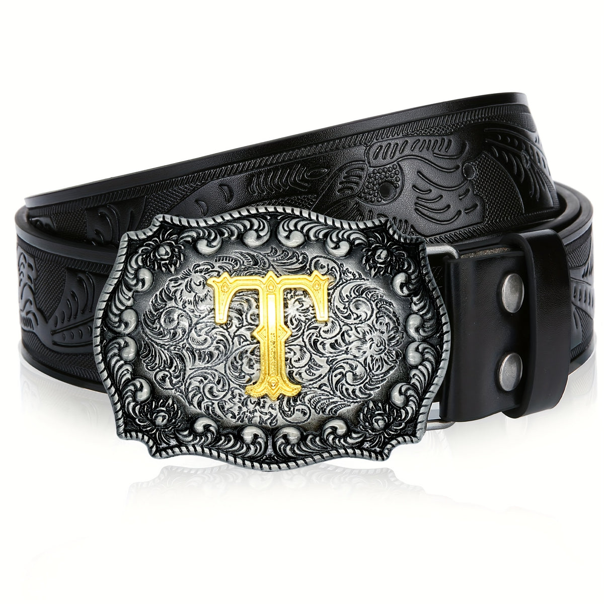 Men's Belt - Western for Embossed Floral Cowboy Longhorn Bull Pattern Big Letter Buckle - product detail view 44