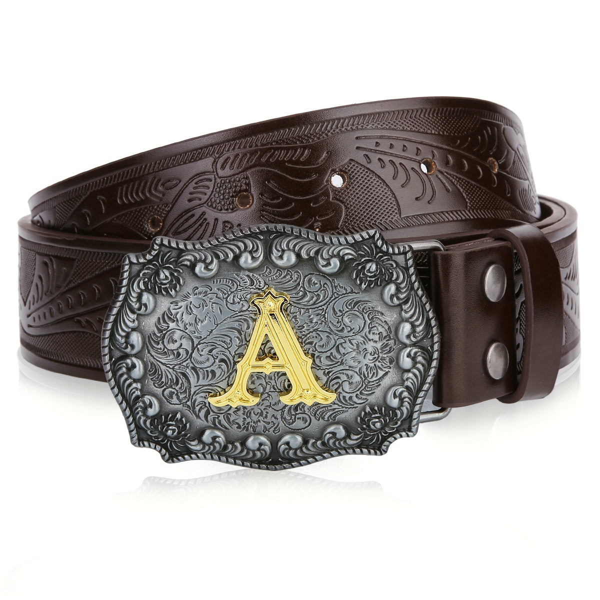 Men's Belt - Western for Embossed Floral Cowboy Longhorn Bull Pattern Big Letter Buckle - product detail view 53