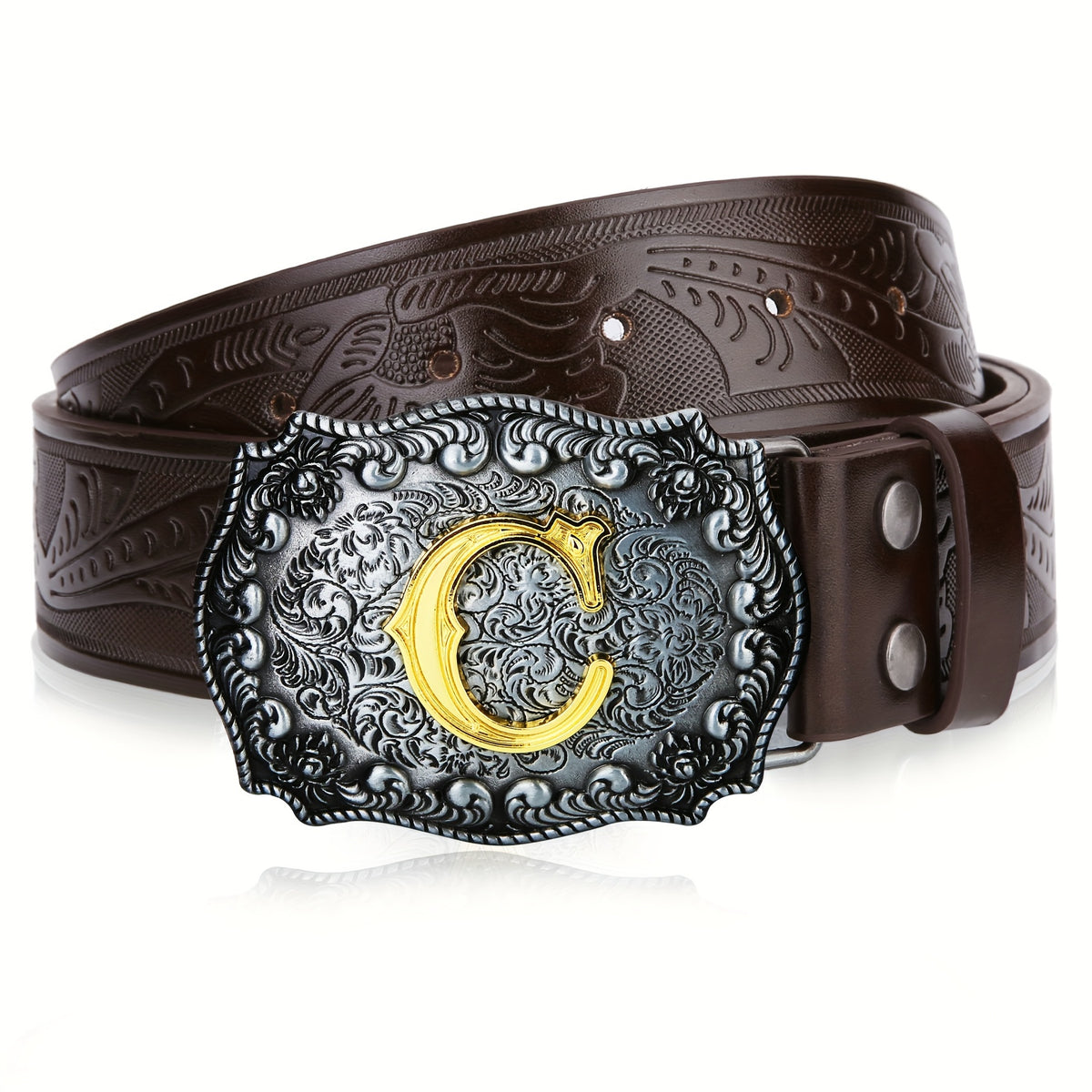 Men's Belt - Western for Embossed Floral Cowboy Longhorn Bull Pattern Big Letter Buckle - product detail view 60