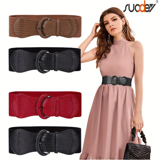 Women's Belt - Wide for 2Pcs Set - Elastic Needle Buckle Waist for Dresses, Black Red & - main product view