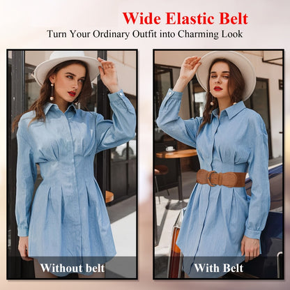 Women's Belt - Wide for 2Pcs Set - Elastic Needle Buckle Waist for Dresses, Black Red & - product detail view 14