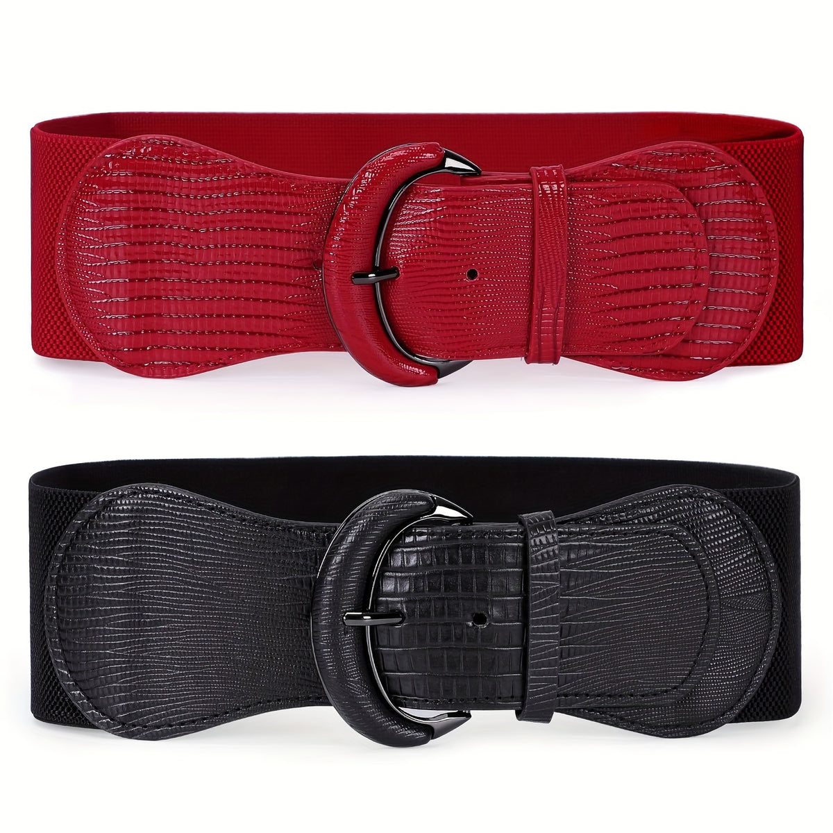 Women's Belt - Wide for 2Pcs Set - Elastic Needle Buckle Waist for Dresses, Black Red & - product detail view 15