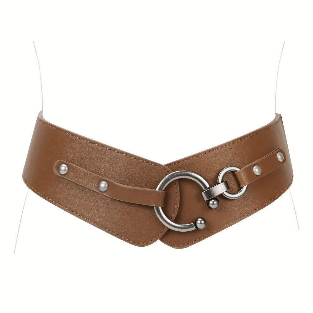 Women's Belt - Wide Elastic Retro Vintage Waist Interlocking Alloy Buckle Punk Style - product detail view 6