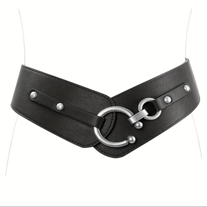 Women's Belt - Wide Elastic Retro Vintage Waist Interlocking Alloy Buckle Punk Style - product detail view 13