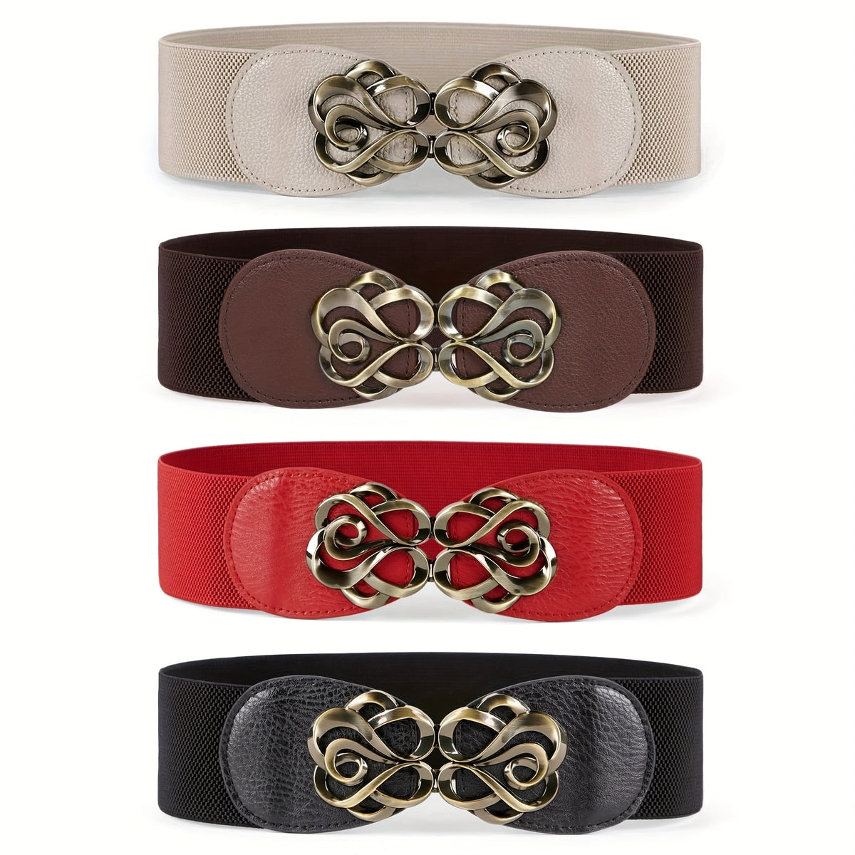 Women's Belt - Wide Elastic Set 4pcs for | Vintage Boho Waist with Golden Leaf Buckle - product detail view 5