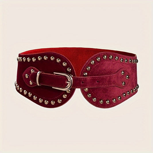 Women's Belt - Wide Elastic for Vintage - Stretchy Wide Waist with Wine Rivet & Stainless - main product view