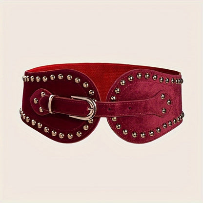Women's Belt - Wide Elastic for Vintage - Stretchy Wide Waist with Wine Rivet & Stainless - product detail view 5