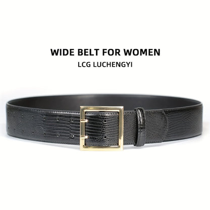 Women's Belt - Wide for Golden Double Prong Buckle Waist Ladies Fashion Cinch for Dresses - product detail view 3