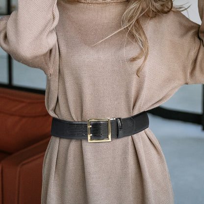 Women's Belt - Wide for Golden Double Prong Buckle Waist Ladies Fashion Cinch for Dresses - product detail view 9