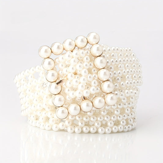 Women's Belt - Woven Beaded Adjustable Hollow White Dress Copper Buckle Body Jewelry - main product view