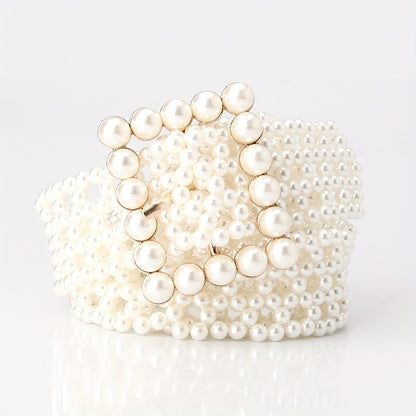 Women's Belt - Woven Beaded Adjustable Hollow White Dress Copper Buckle Body Jewelry - product detail view 8