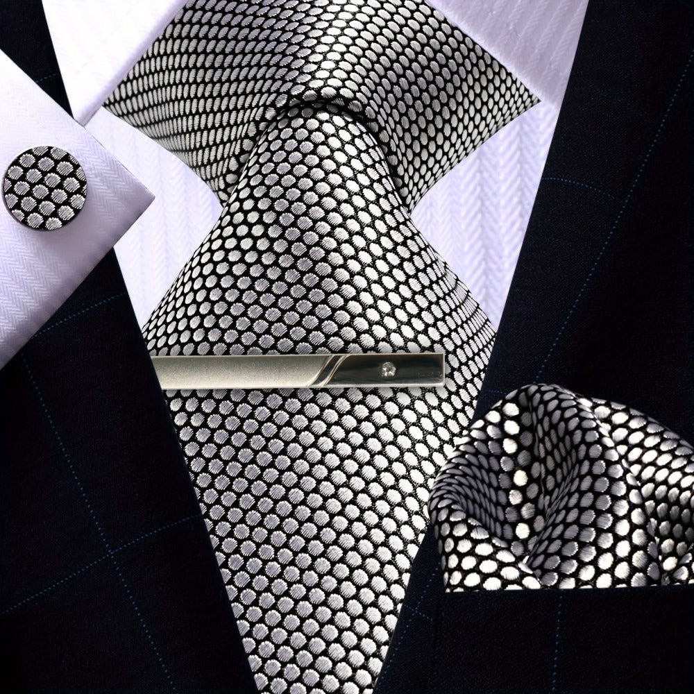 Men's Necktie - 's Set 4pcs Silver Grey - Tie Pocket Square Cufflinks & Tie Clip Matching - main product view