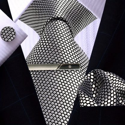 Men's Necktie - 's Set 4pcs Silver Grey - Tie Pocket Square Cufflinks & Tie Clip Matching - main product view