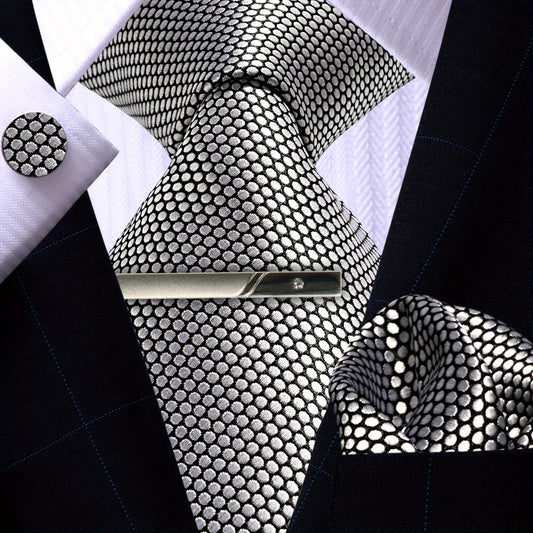 Men's Necktie - 's Set 4pcs Silver Grey - Tie Pocket Square Cufflinks & Tie Clip Matching - main product view