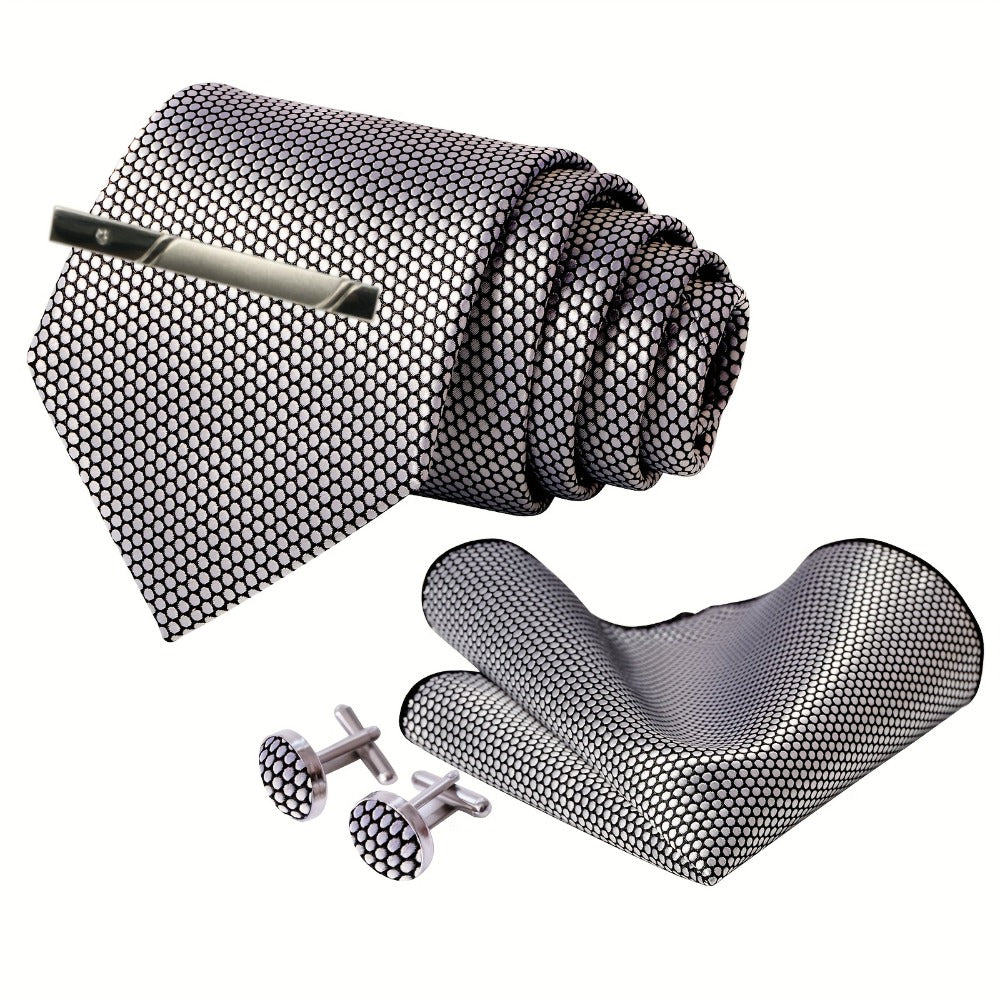 Men's Necktie - 's Set 4pcs Silver Grey - Tie Pocket Square Cufflinks & Tie Clip Matching - product detail view 2