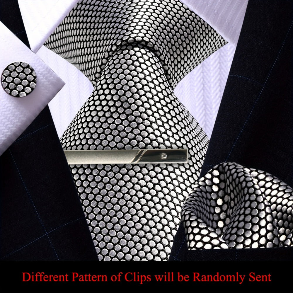 Men's Necktie - 's Set 4pcs Silver Grey - Tie Pocket Square Cufflinks & Tie Clip Matching - product detail view 3