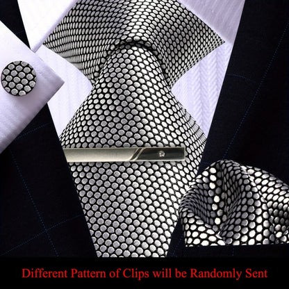 Men's Necktie - 's Set 4pcs Silver Grey - Tie Pocket Square Cufflinks & Tie Clip Matching - product detail view 3