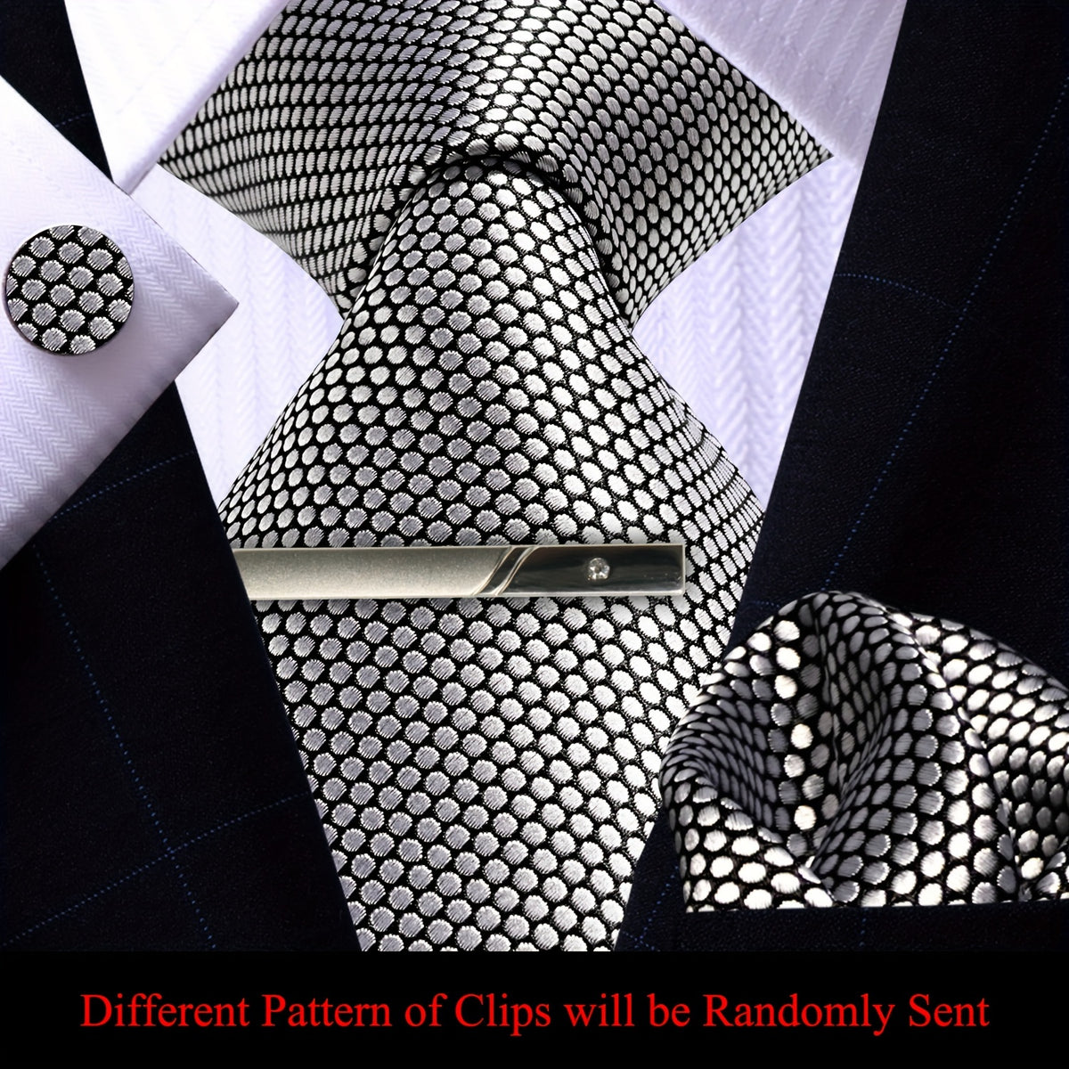 Men's Necktie - 's Set 4pcs Silver Grey - Tie Pocket Square Cufflinks & Tie Clip Matching - product detail view 7