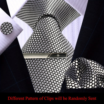 Men's Necktie - 's Set 4pcs Silver Grey - Tie Pocket Square Cufflinks & Tie Clip Matching - product detail view 7