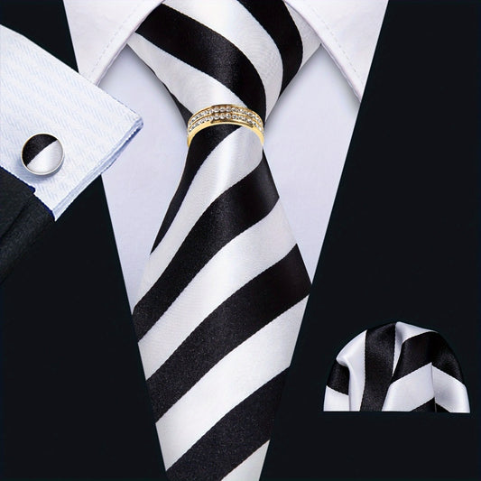 Men's Necktie - 's Set with Pocket Square Cufflinks & Golden Ring | Woven Tie for Wedding - main product view