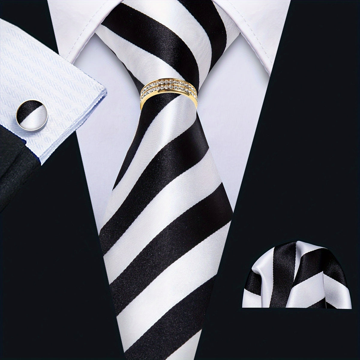 Men's Necktie - 's Set with Pocket Square Cufflinks & Golden Ring | Woven Tie for Wedding - product detail view 13