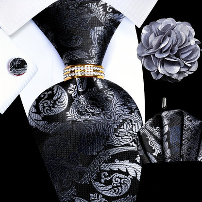 Men's Necktie - Silk Tie Set for 5 Piece 2400 Thread Count Pocket Square Cufflinks Lapel - product detail view 3