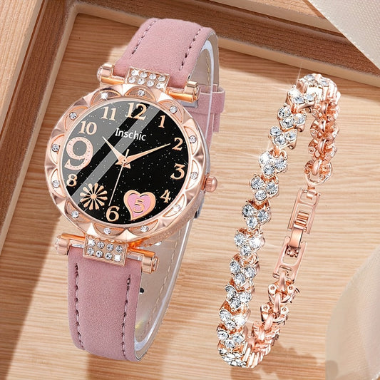Women's Quartz Watch - Couple Set for - Rhinestone Heart Dial Watches Rose Gold Pink Faux Leather - main product view