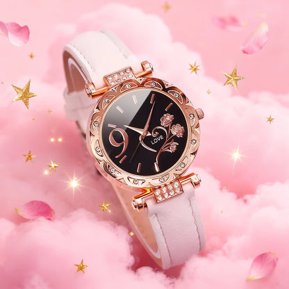 Women's Quartz Watch - Couple Set for - Rhinestone Heart Dial Watches Rose Gold Pink Faux Leather - product detail view 3