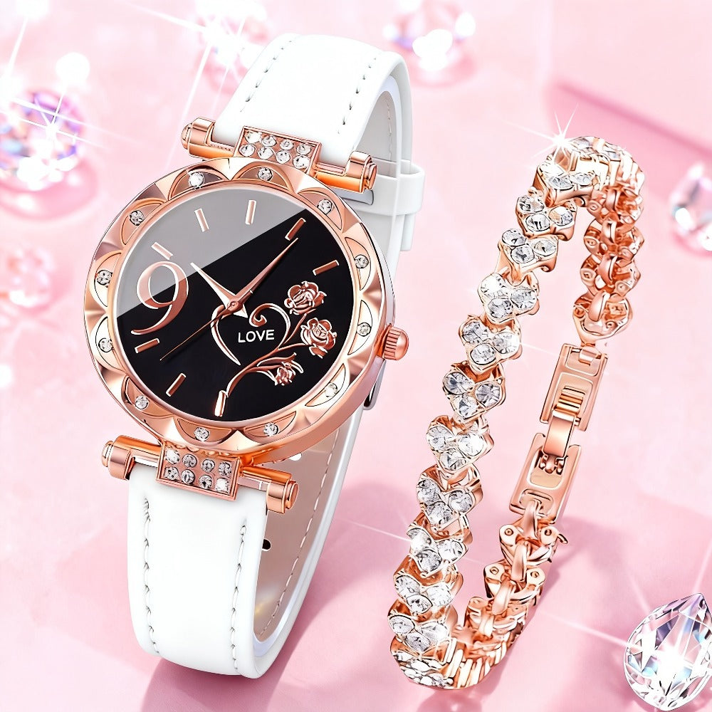 Women's Quartz Watch - Couple Set for - Rhinestone Heart Dial Watches Rose Gold Pink Faux Leather - product detail view 4