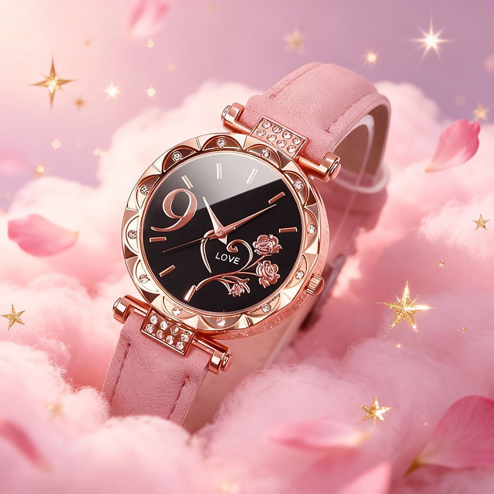 Women's Quartz Watch - Couple Set for - Rhinestone Heart Dial Watches Rose Gold Pink Faux Leather - product detail view 8