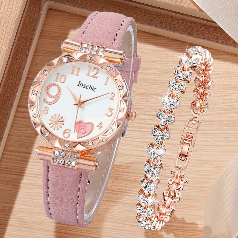 Women's Quartz Watch - Couple Set for - Rhinestone Heart Dial Watches Rose Gold Pink Faux Leather - product detail view 9