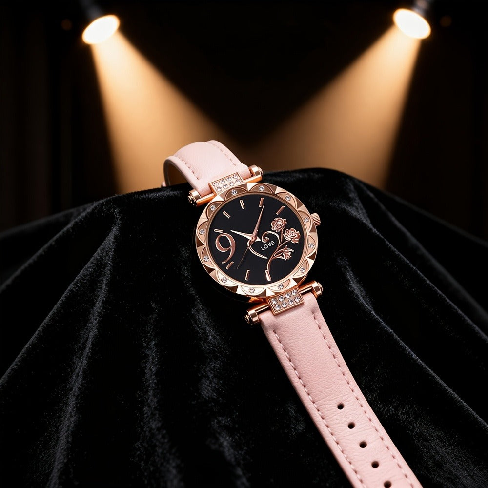 Women's Quartz Watch - Couple Set for - Rhinestone Heart Dial Watches Rose Gold Pink Faux Leather - product detail view 10