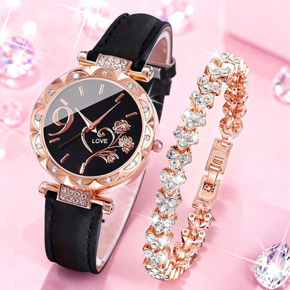 Women's Quartz Watch - Couple Set for - Rhinestone Heart Dial Watches Rose Gold Pink Faux Leather - product detail view 11