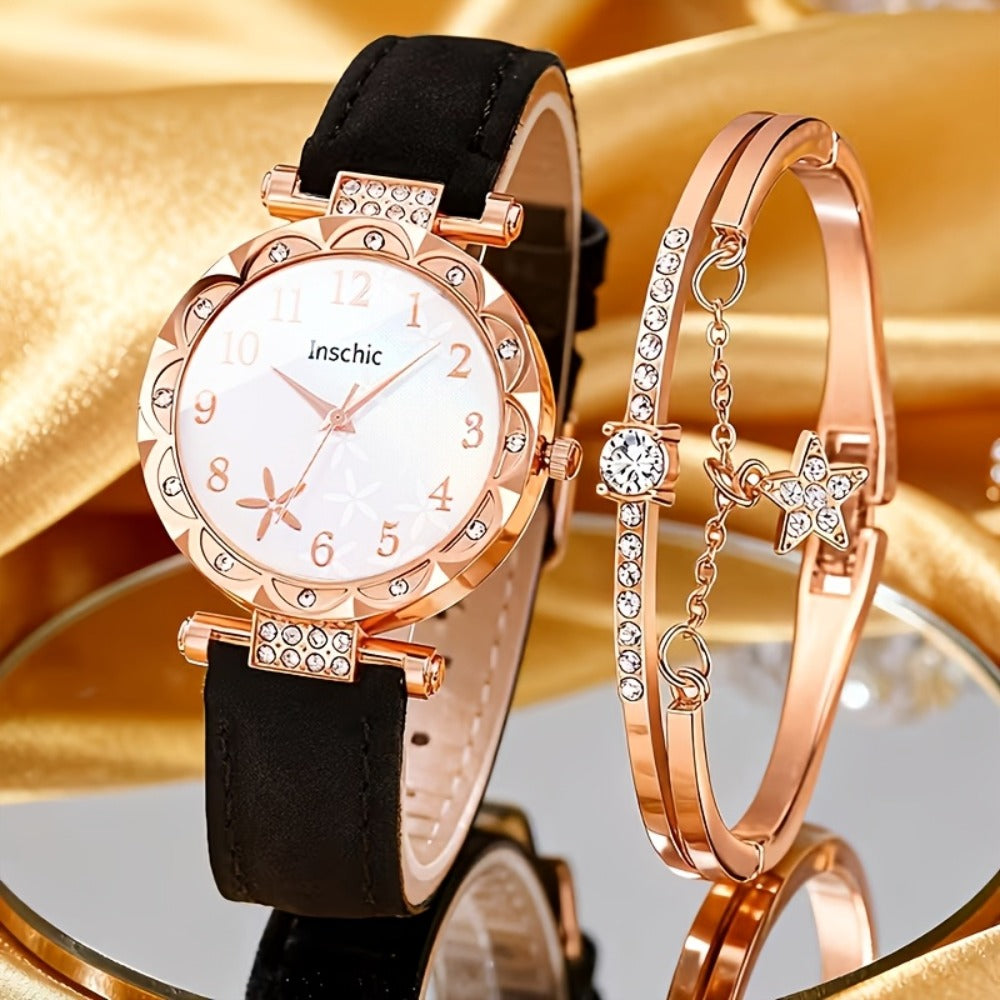 Women's Quartz Watch - Couple Set for - Rhinestone Heart Dial Watches Rose Gold Pink Faux Leather - product detail view 15