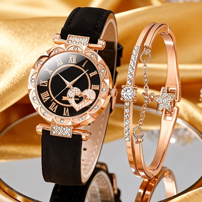 Women's Quartz Watch - Couple Set for - Rhinestone Heart Dial Watches Rose Gold Pink Faux Leather - product detail view 19