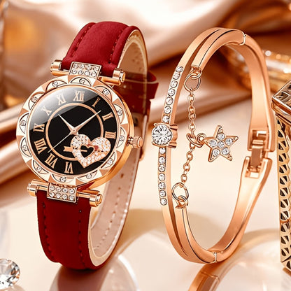 Women's Quartz Watch - Couple Set for - Rhinestone Heart Dial Watches Rose Gold Pink Faux Leather - product detail view 23