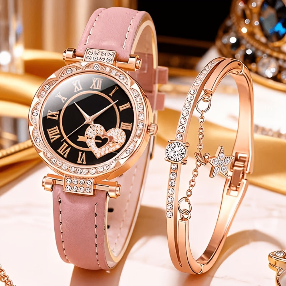 Women's Quartz Watch - Couple Set for - Rhinestone Heart Dial Watches Rose Gold Pink Faux Leather - product detail view 26