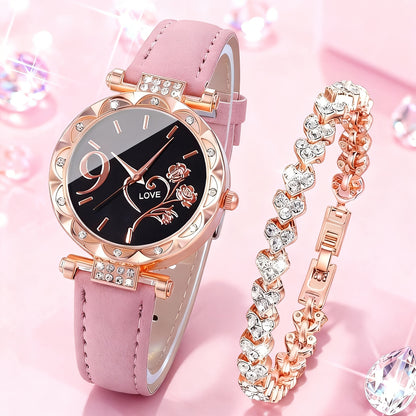 Women's Quartz Watch - Couple Set for - Rhinestone Heart Dial Watches Rose Gold Pink Faux Leather - product detail view 28