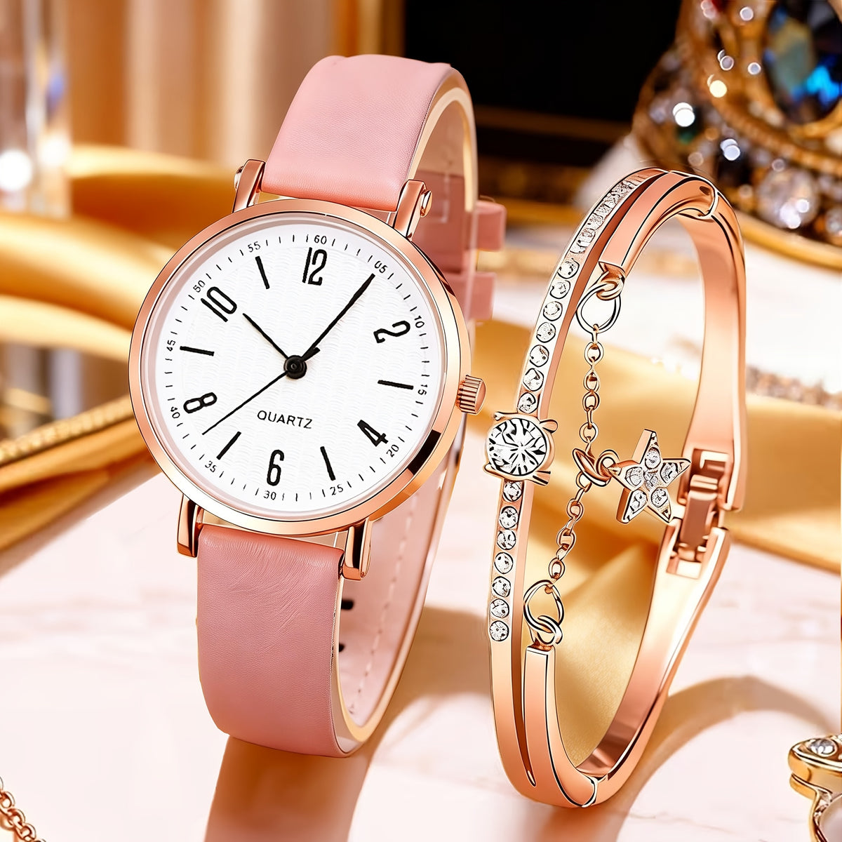 Women's Quartz Watch - Couple Set for - Rhinestone Heart Dial Watches Rose Gold Pink Faux Leather - product detail view 34