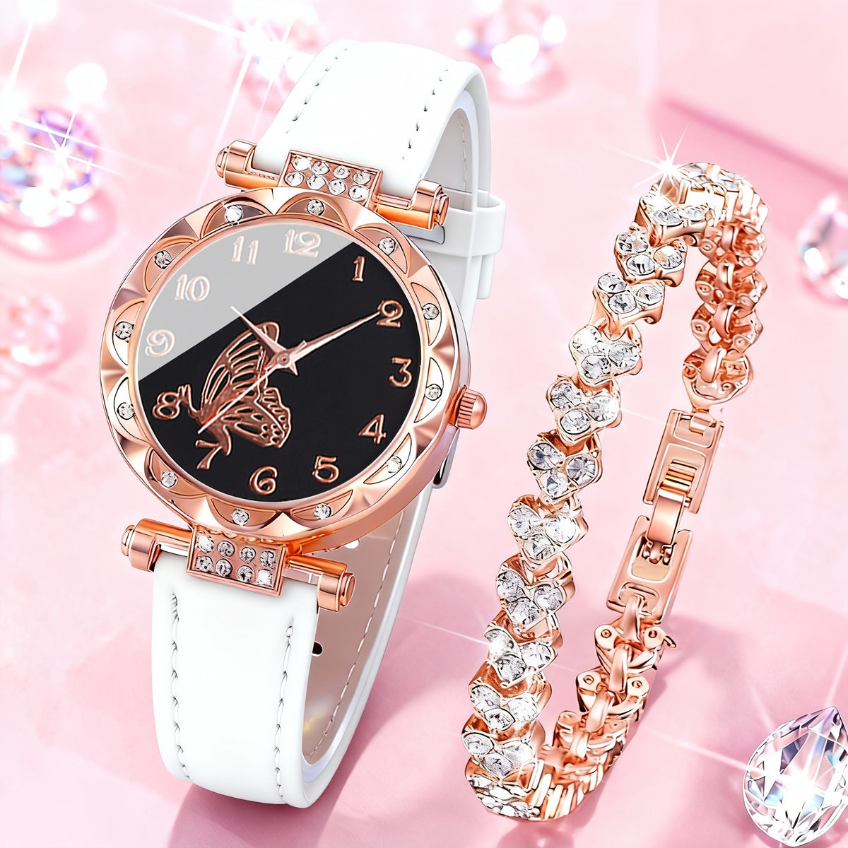 Women's Quartz Watch - Couple Set for - Rhinestone Heart Dial Watches Rose Gold Pink Faux Leather - product detail view 36